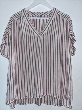 Nine West White and Brown Vertical Stripe V-Neck Blouse